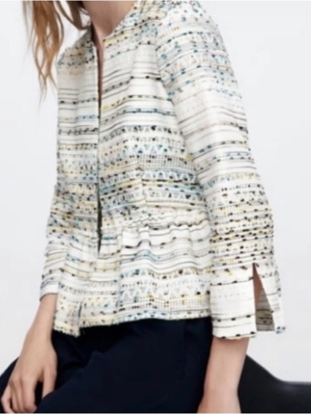 Zara Textured Peplum Jacket Blazer White Metallic Thread Open Front Size M - Picture 3 of 11